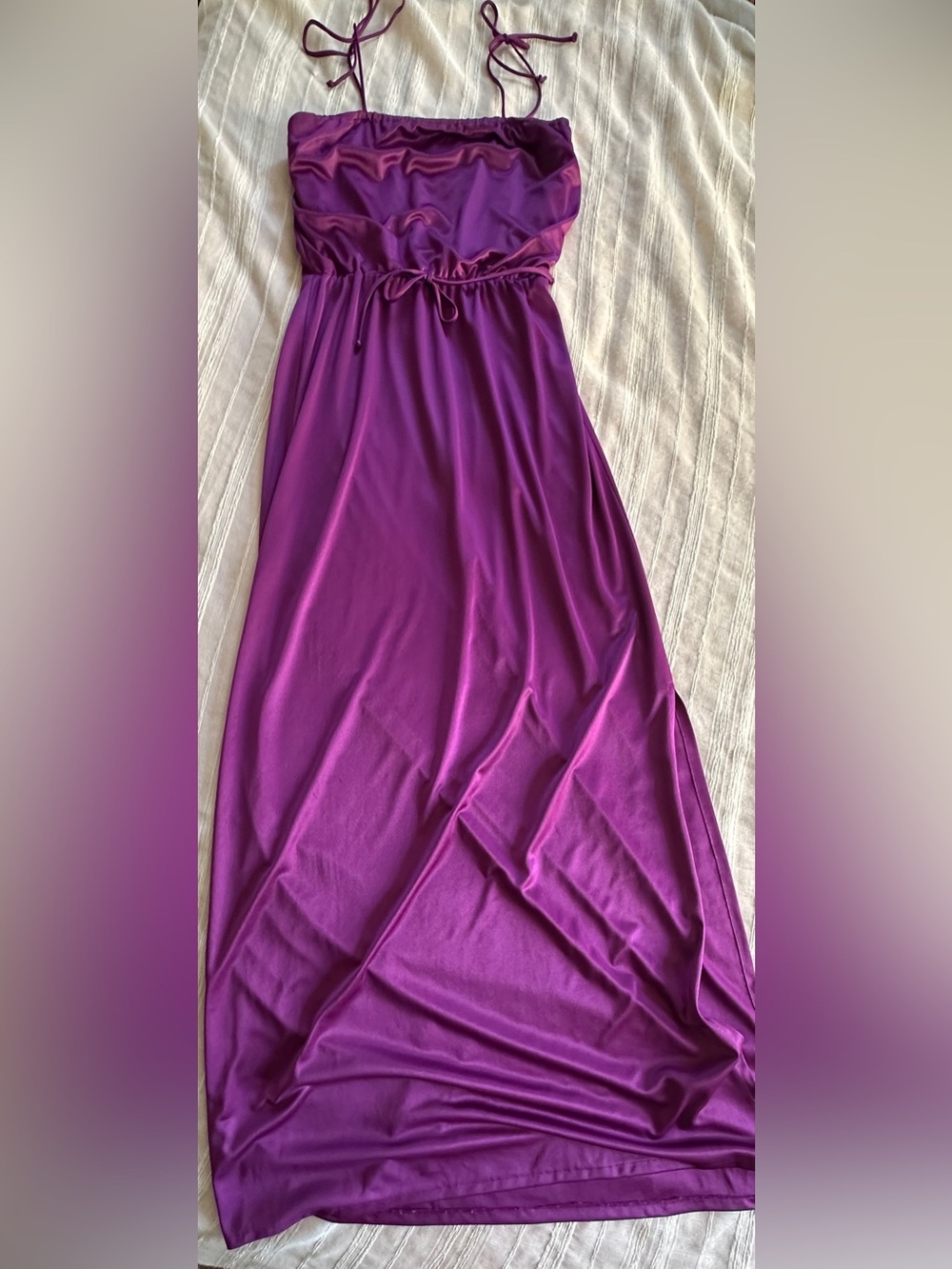 Vintage 70s JOSEPH MAGNIN Purple Ruched Disco Maxi Dress Slinky | 9/10 Fits S